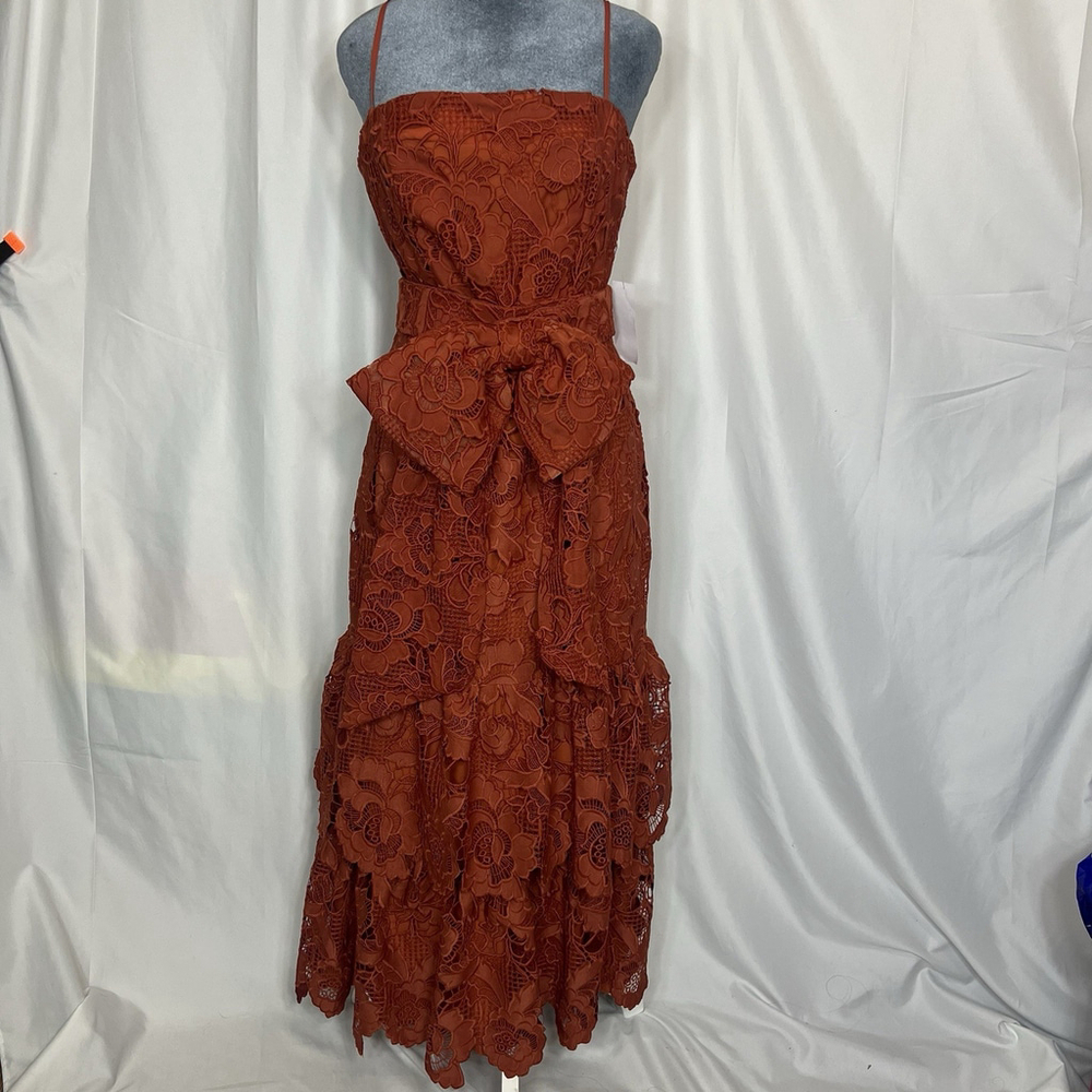 Mestiza New York Vanessa Belted Tiered Guipure Lace Midi Dress Red/Rust 8 Classy - Picture 2 of 16